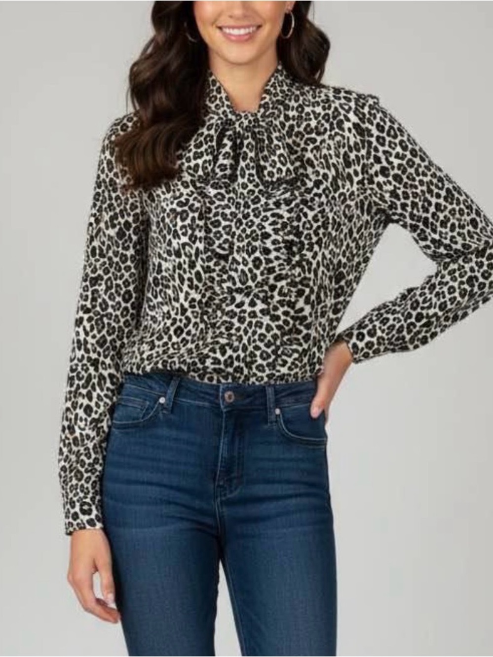 Tie-Neck Leopard Print Blouse - Black & White